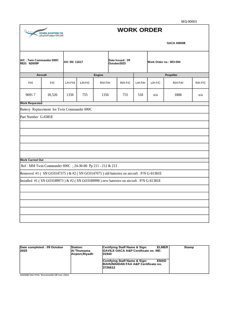 WORK ORDER 004 New Battery Replacement | PDF