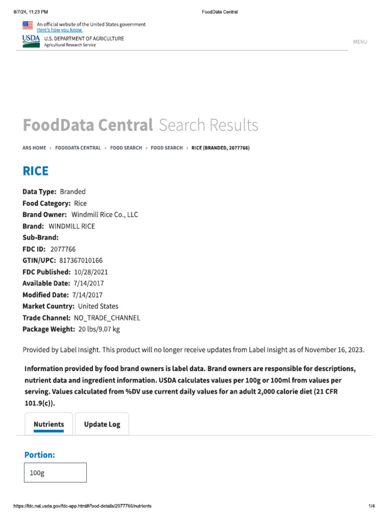 FoodData Central Rice | PDF