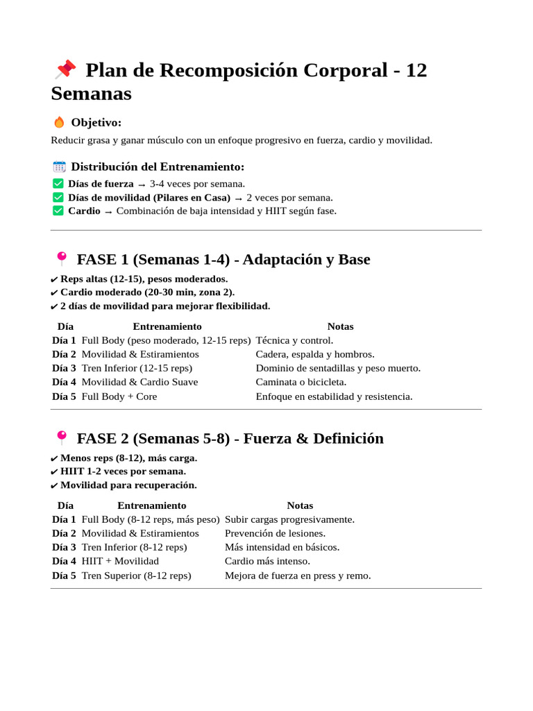 Plan de Recomposición Corporal 12 Semanas | PDF | Flexibilidad (anatomía)