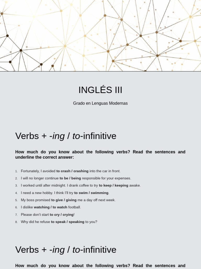 Verbs + -ing vs. To-Infinitive Guide | PDF | Verb | Semantic Units