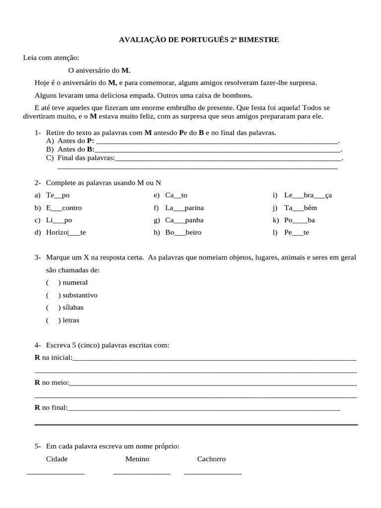Avaliação de Português 2º Bimestre | PDF | Famílias linguísticas ...