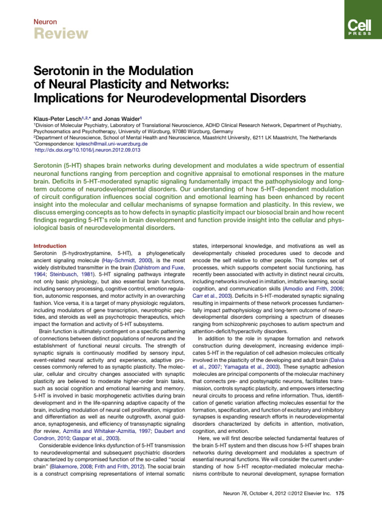 Serotonin's Role in Neural Plasticity | PDF | Synapse | Serotonin