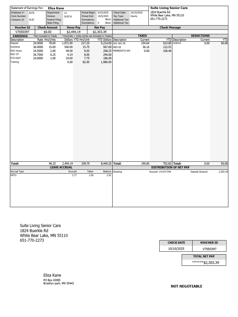 Eliza Kane's Earnings Statement Summary | PDF | Overtime | Taxes