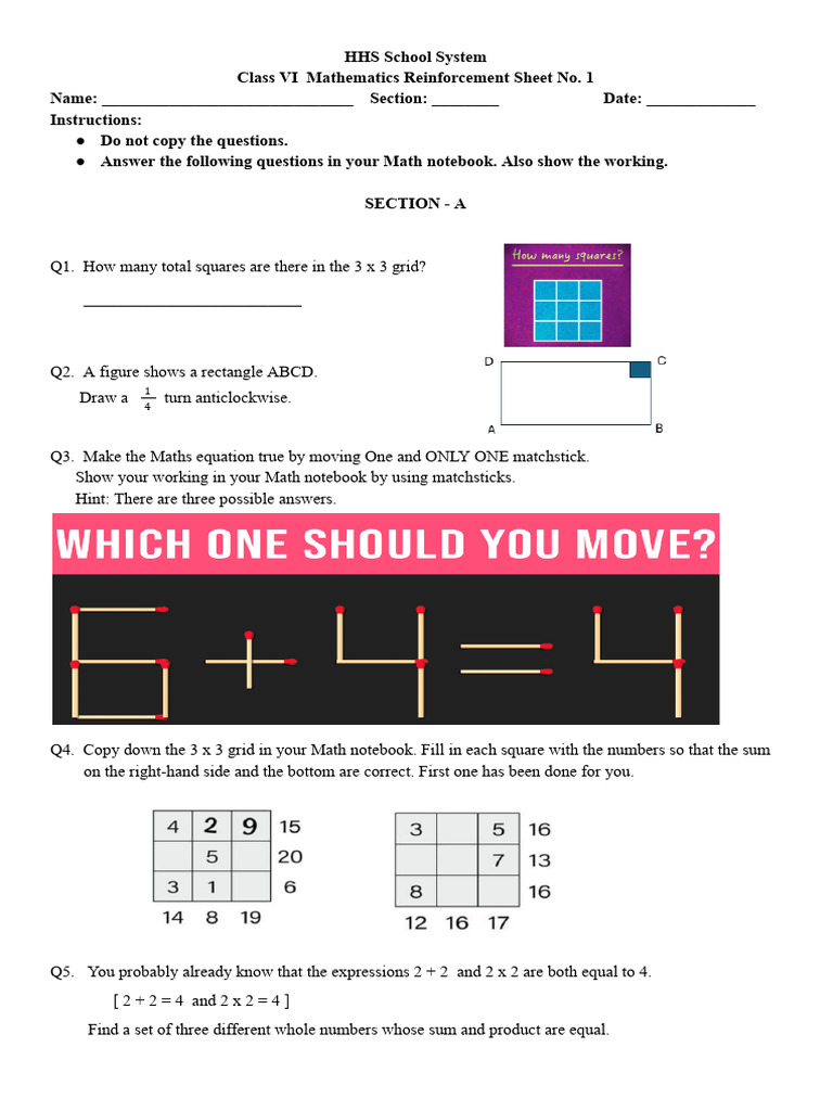 Class VI Math Reinforcement Sheet | PDF