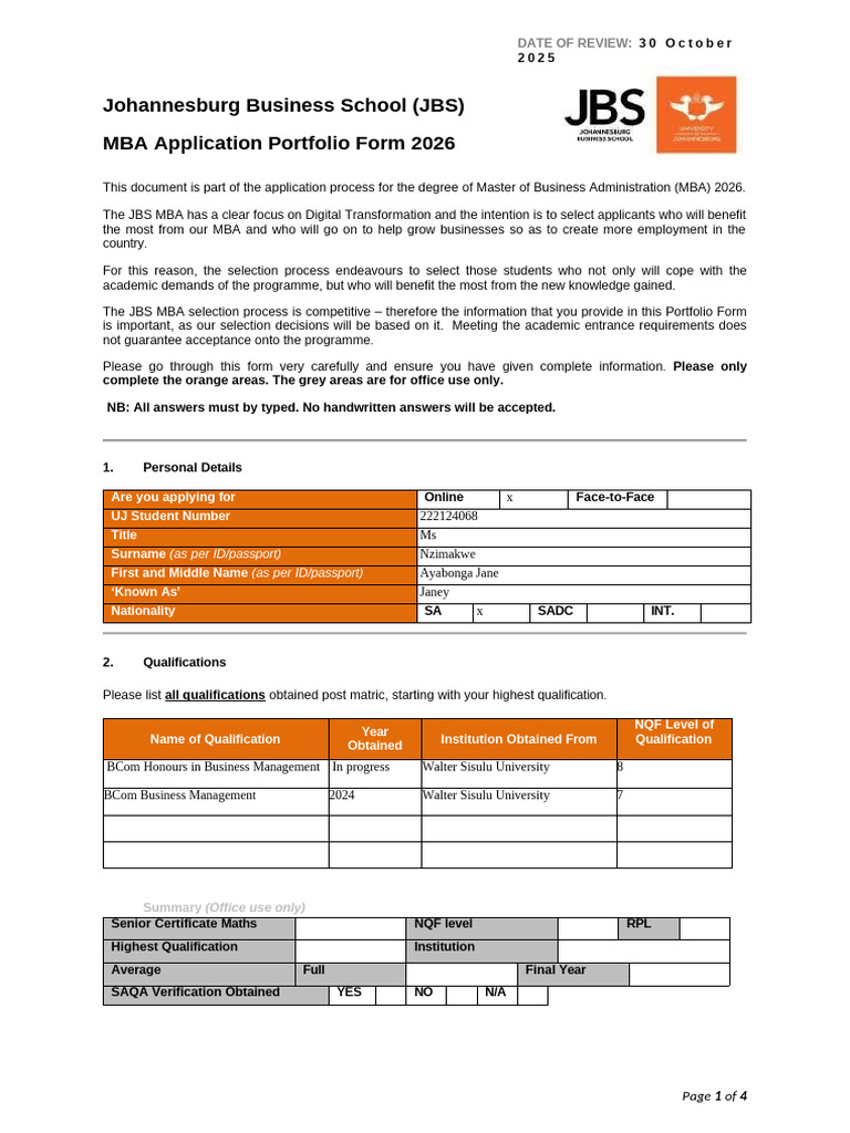 JBS MBA Application Portfolio 2026 | PDF | Retail | Master Of Business ...