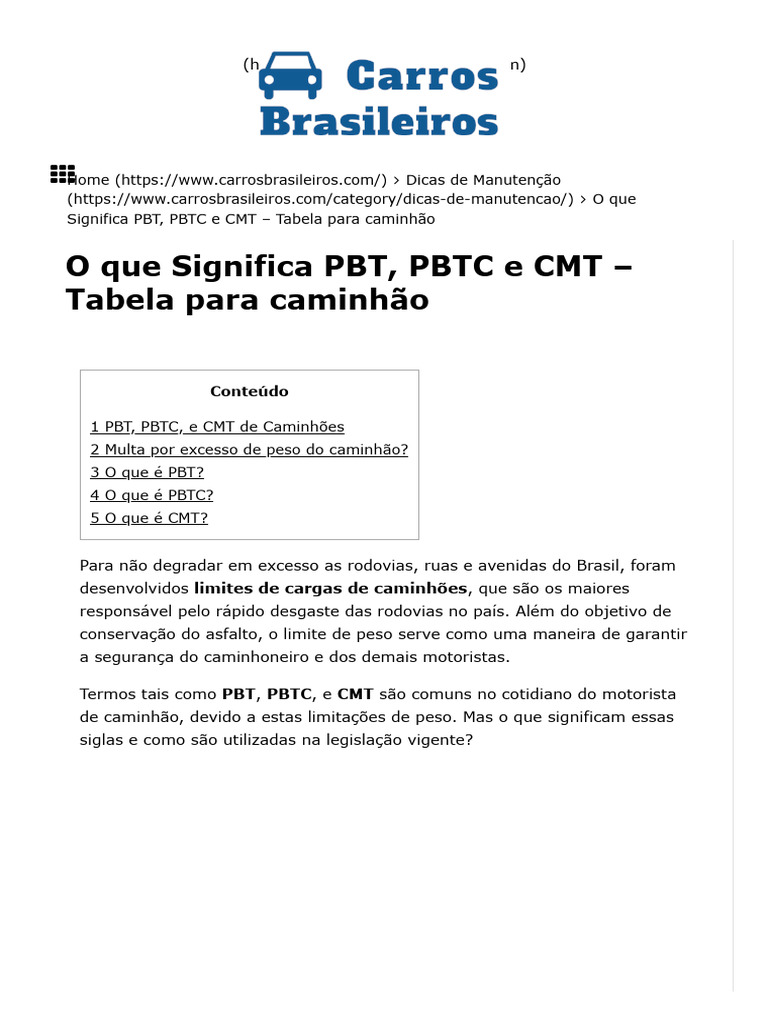 Significado de PBT, PBTC e CMT | PDF | Caminhão | Transporte