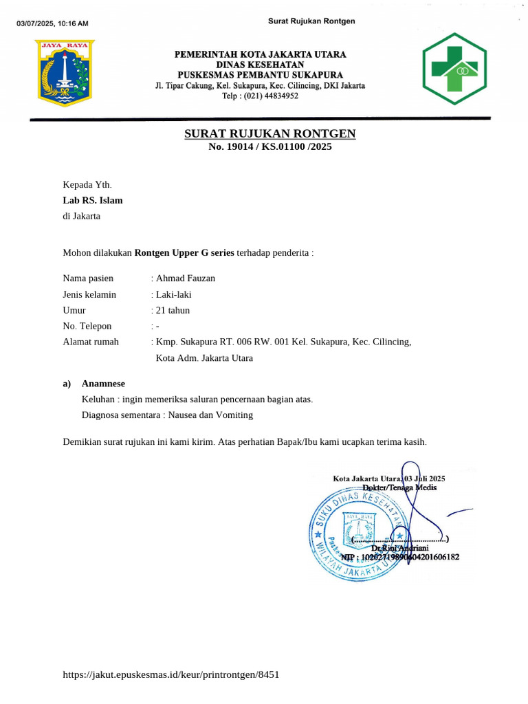 Surat Rujukan Rontgen Ahmad Fauzan | PDF