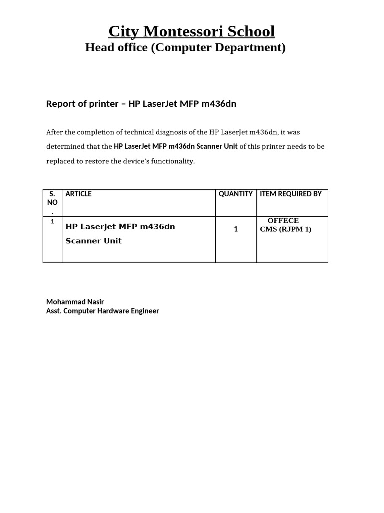 HP MFP m436dn Scanner Replacement Report | PDF