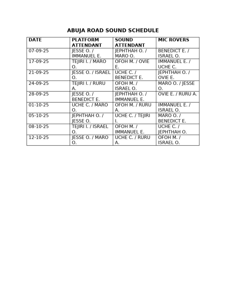Abuja Road Sound Schedule | PDF