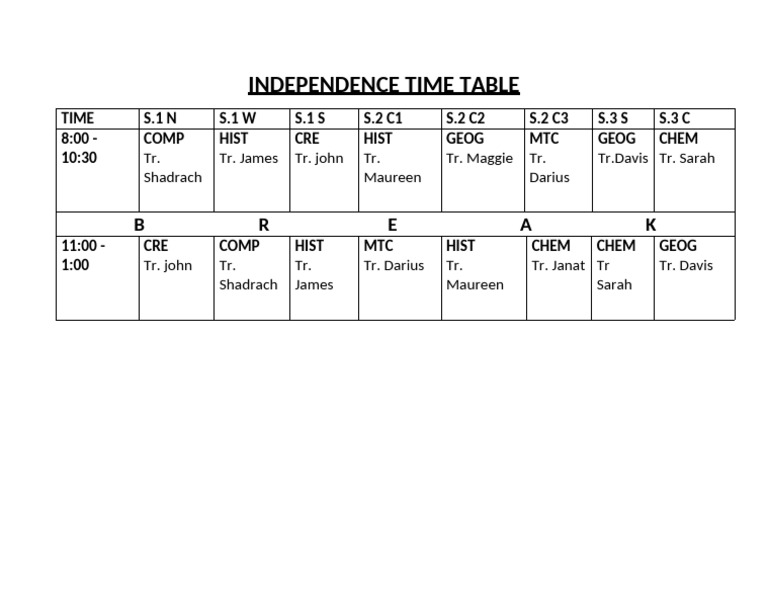 Independence Time Table Schedule | PDF
