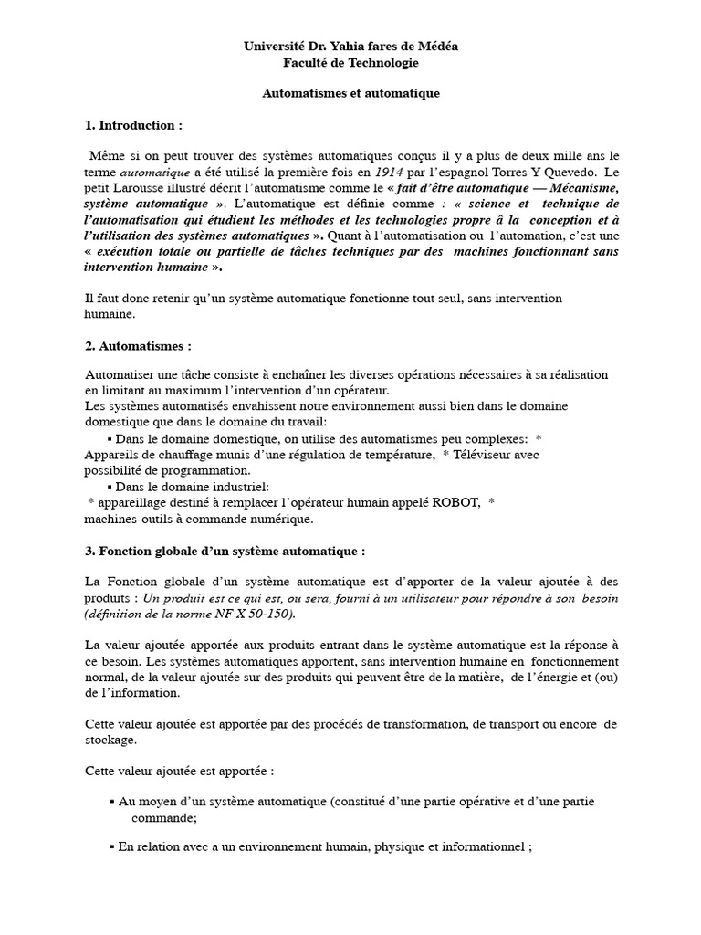 Introduction aux Automatismes et Automatique | PDF | Régulation | Moteurs