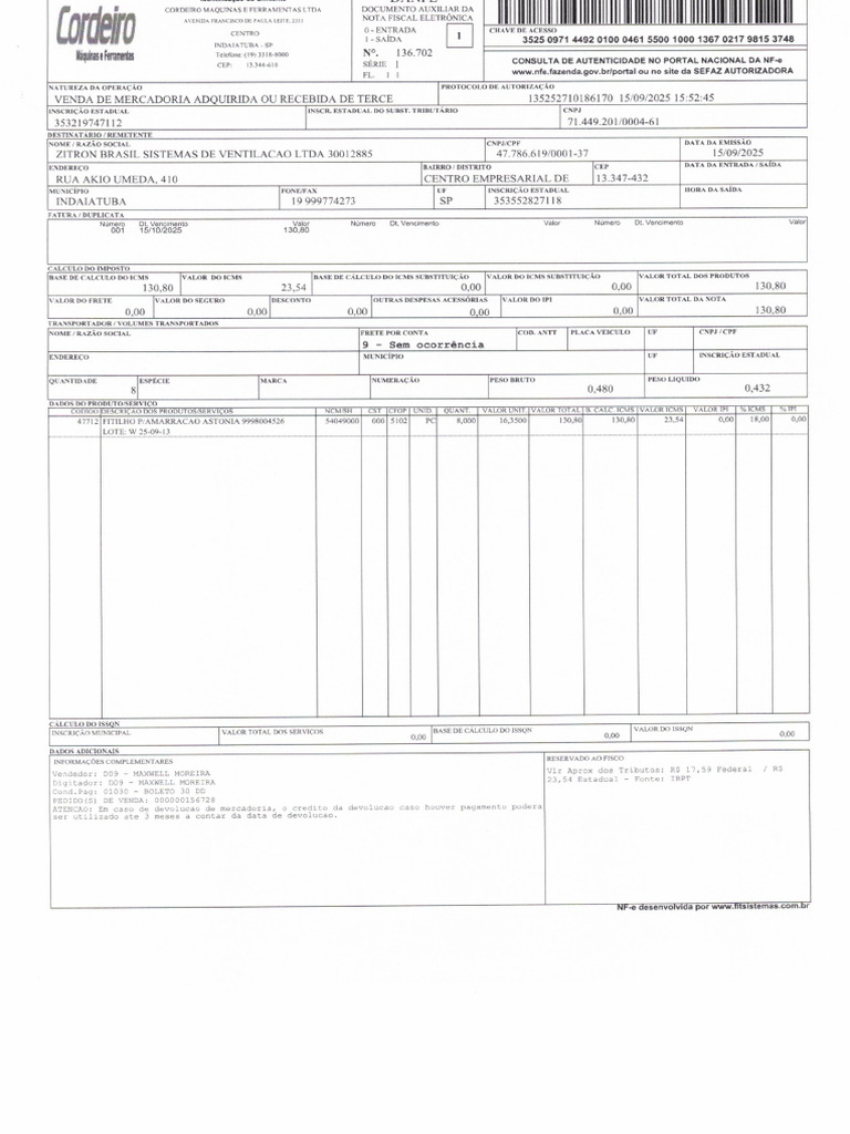 NFe Cordeiro 136702 | PDF