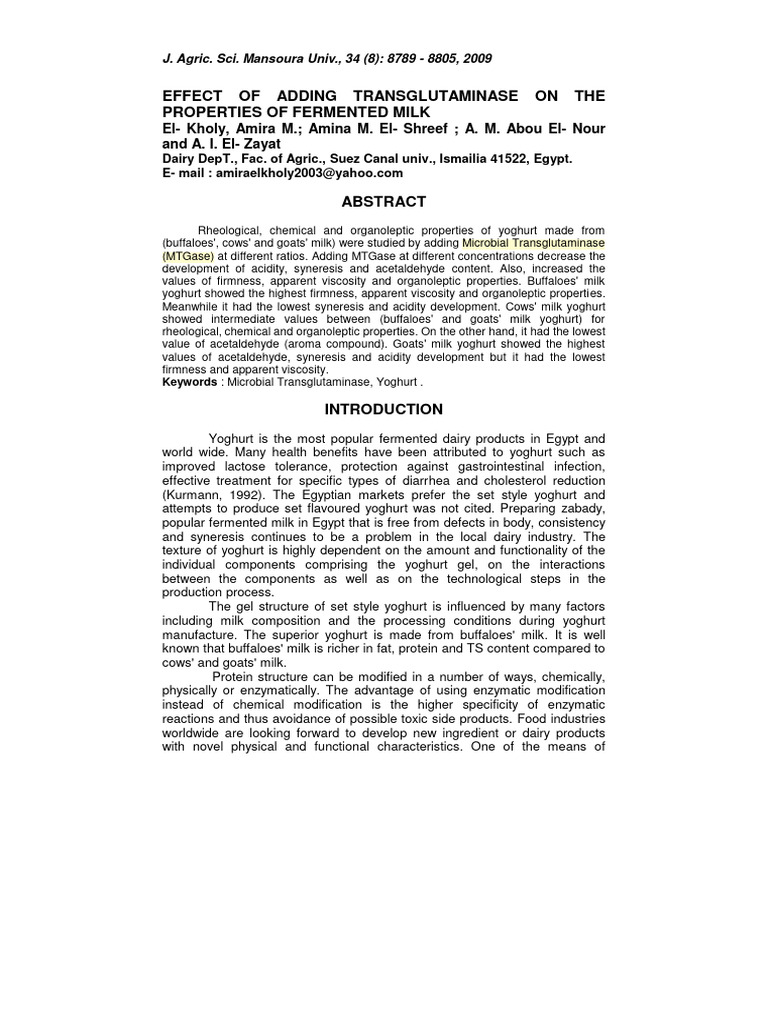 Effect of Adding Transglutaminase On The Properties of Fermented Milk ...