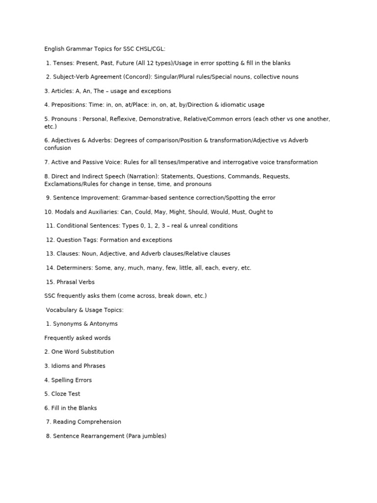 SSC English Grammar Overview | PDF