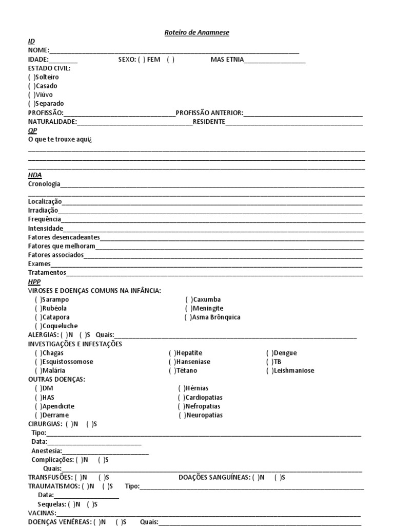 Roteiro de Anamnese | Especialidades Médicas | Doenças e Distúrbios