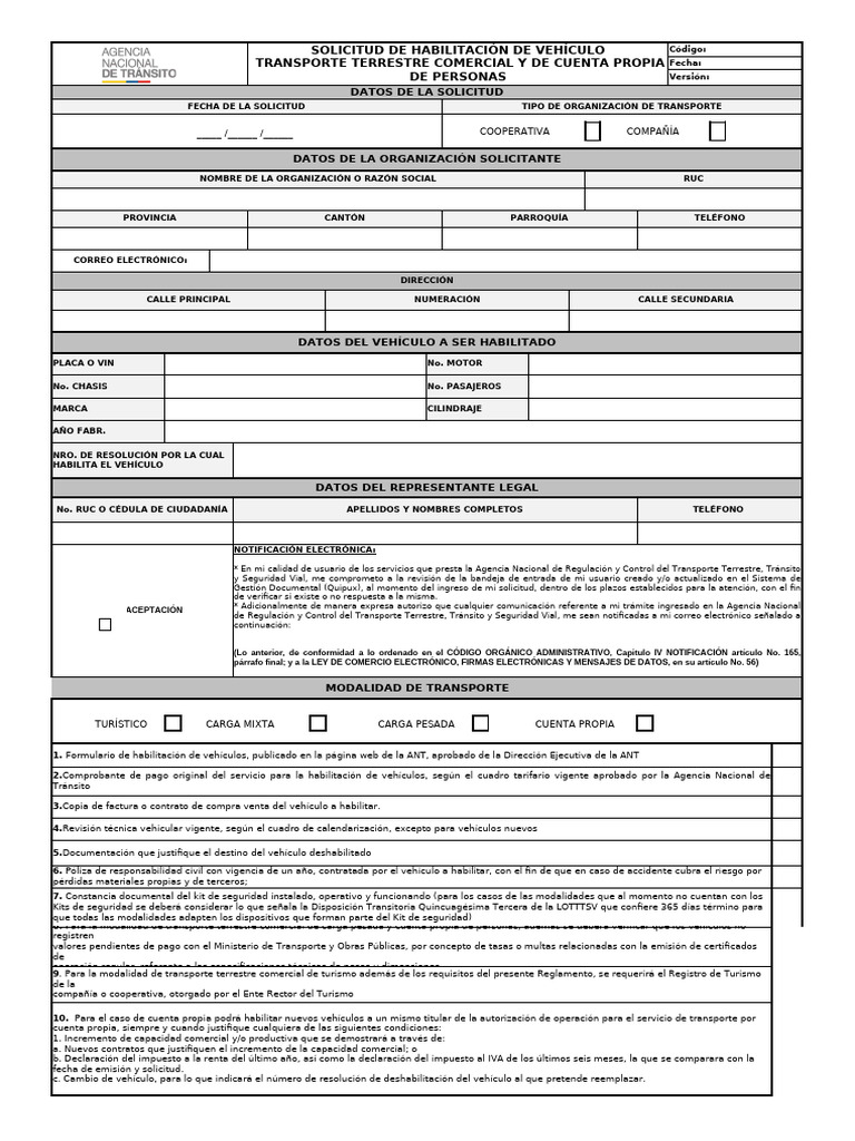 Solicitud de Habilitación Vehicular ANT | PDF | Transporte | Impuestos