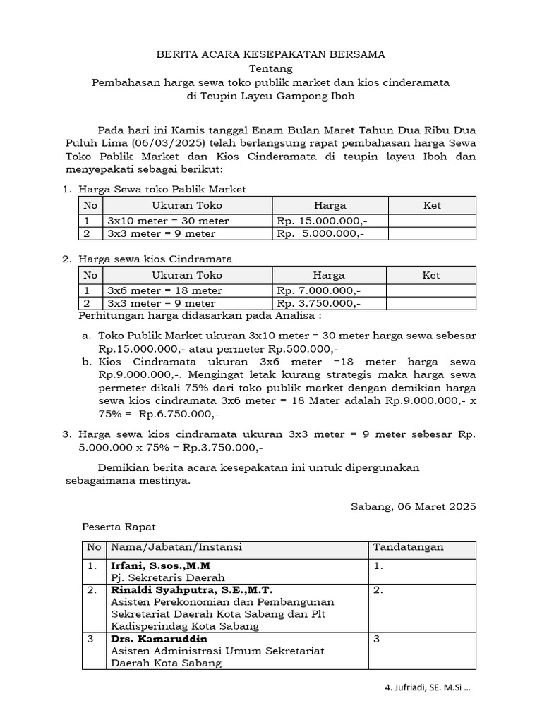 Berita Acara Kesepakatan Bersama Kios Cindramata Iboh | PDF
