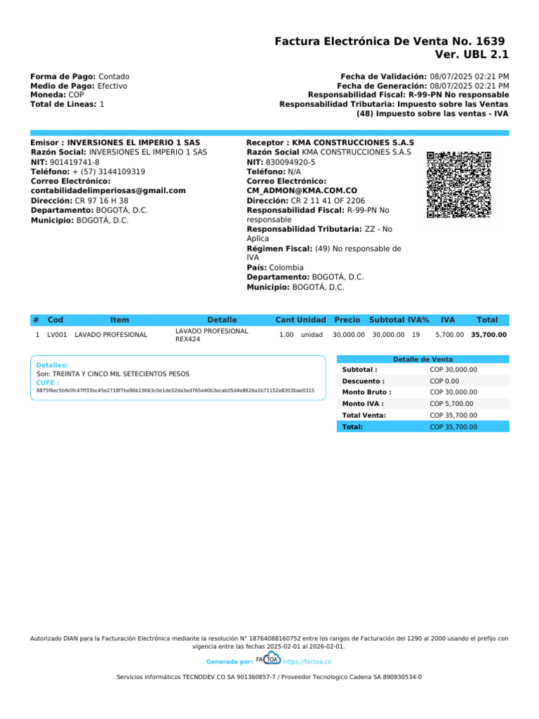 Factura Electrónica Venta No. 1639 COP | PDF | Factura | Economias