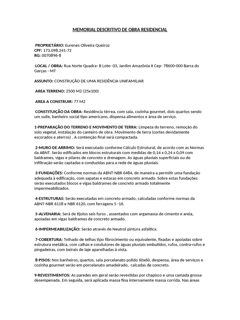 Memorial Descritivo de Obra Residencial | PDF | Tanque séptico ...