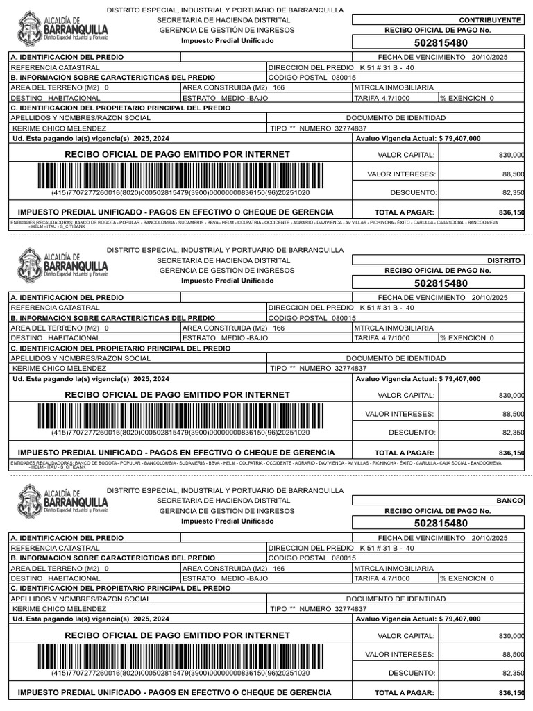 Recibo de Pago Impuesto Predial 2025 | PDF | Servicios financieros ...