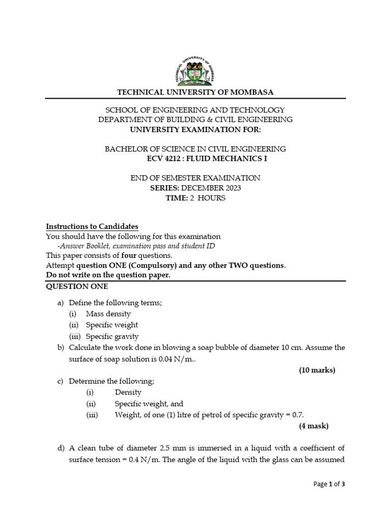 Civil Engineering Fluid Mechanics Exam | PDF | Pressure | Pressure ...