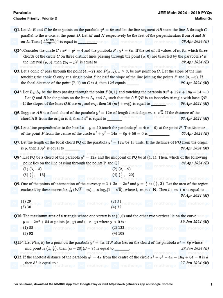01 - Parabola | PDF | Ellipse | Elementary Mathematics