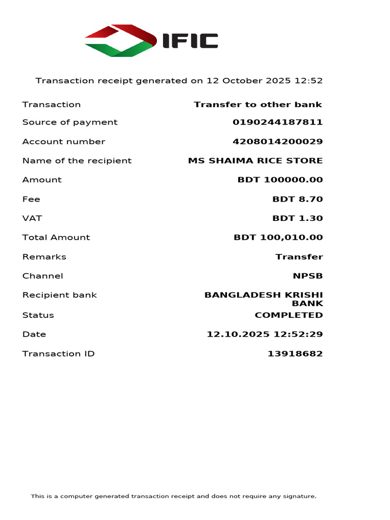 Transaction Receipt for MS Shaima Rice Store | PDF