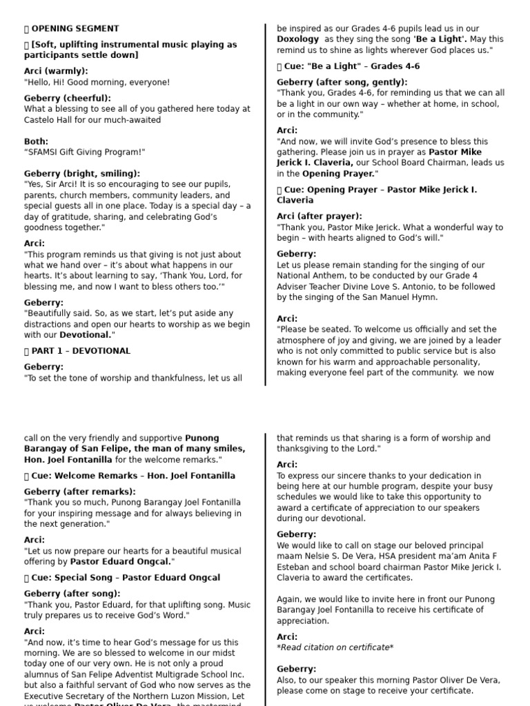 Emcee Script for Gift Giving Program | PDF