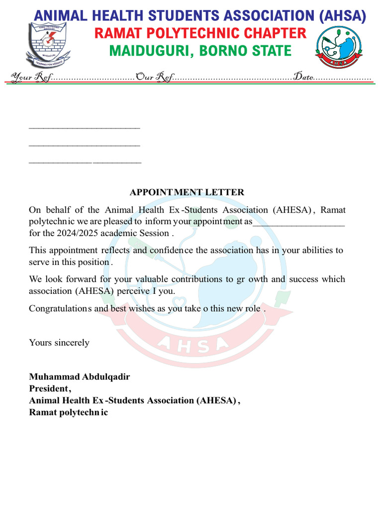 AHSA Appointment Letter 2024/2025 | PDF