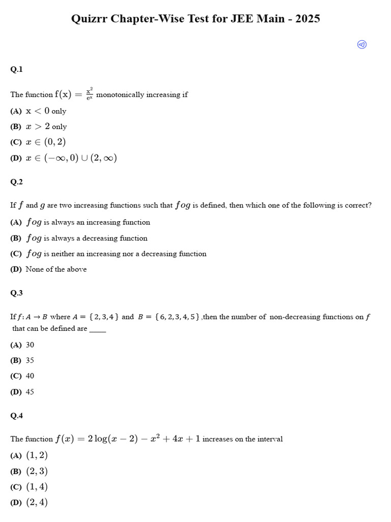 JEE Main 2025 Chapter-Wise Quiz | PDF | Monotonic Function ...