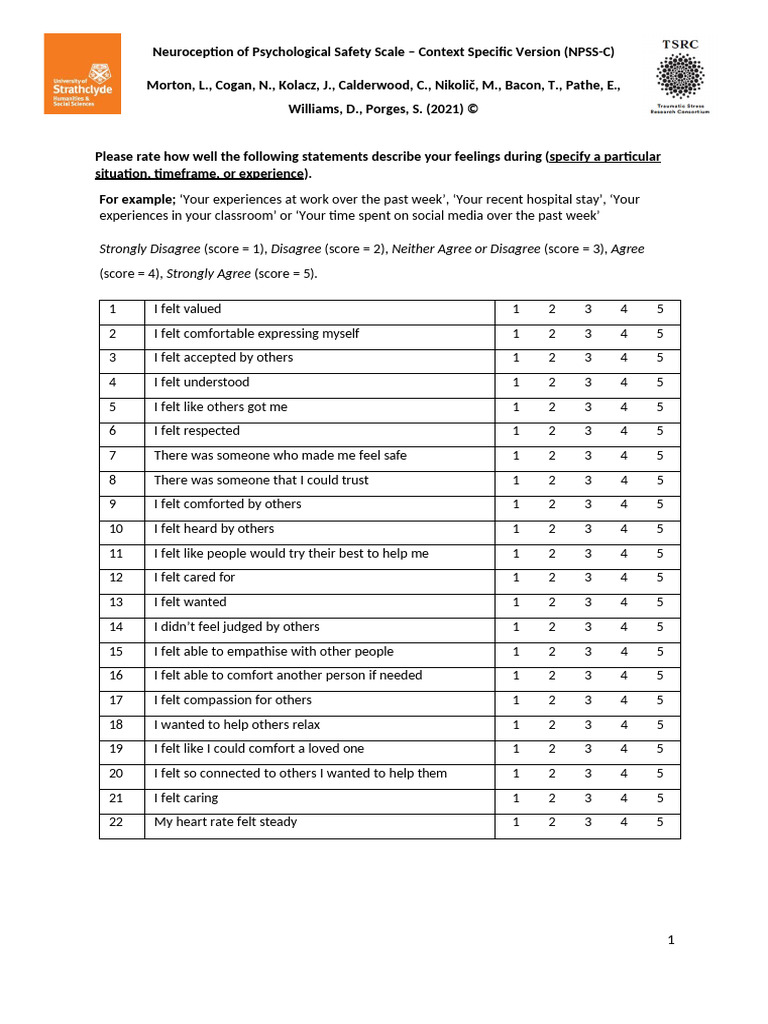 Neuroception of Psychological Safety Scale | PDF | Psychological ...