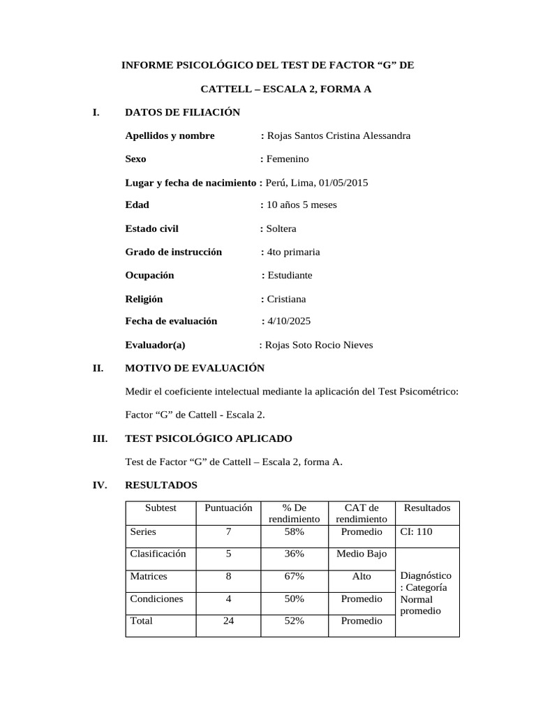 Informe Psicológico: Test Cattell Factor G | PDF | Cociente de ...