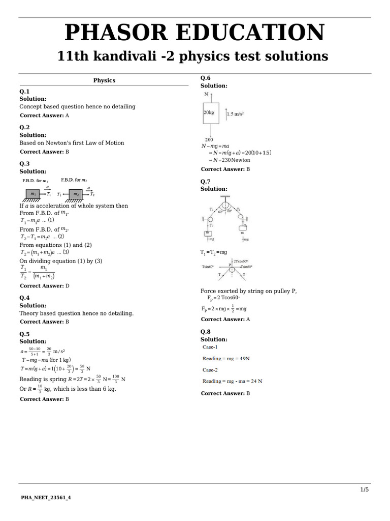 NEET Physics Test Solutions 11th Grade | PDF | Force | Applied And ...