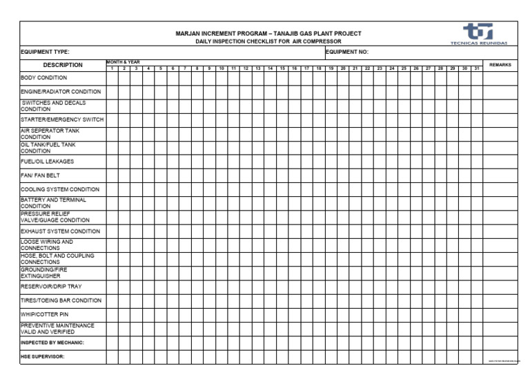 Daily Air Compressor Inspection Checklist | PDF
