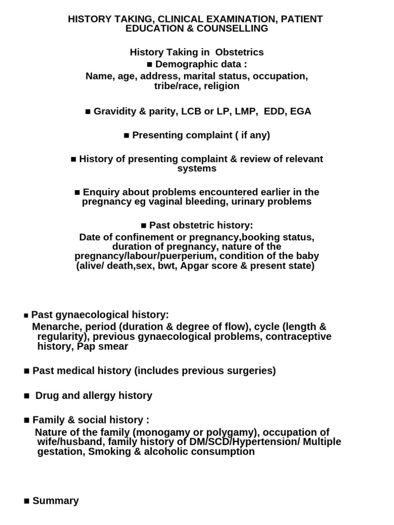 Obstetric and Gynaecological History Taking | PDF | Medical Specialties ...