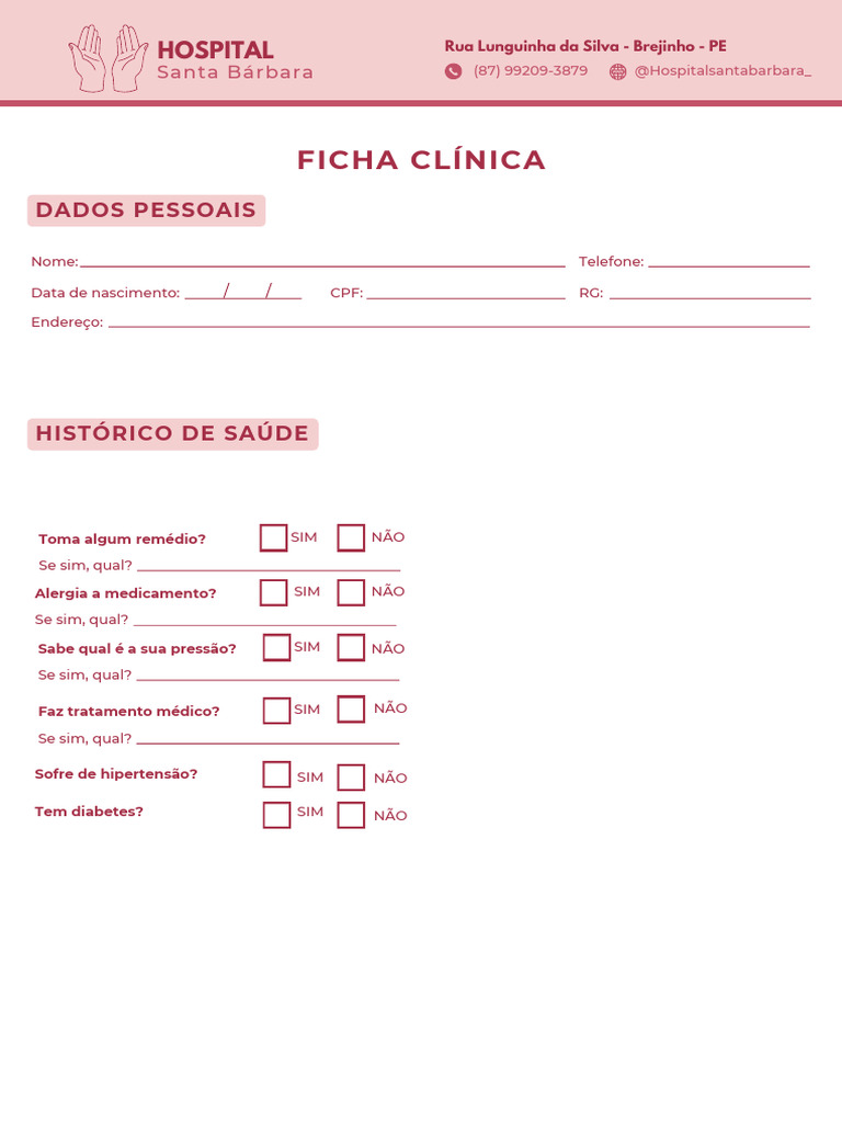 A4 Ficha Clínica de Estética Rosa e Branco | PDF | Diabetes | Medicina ...