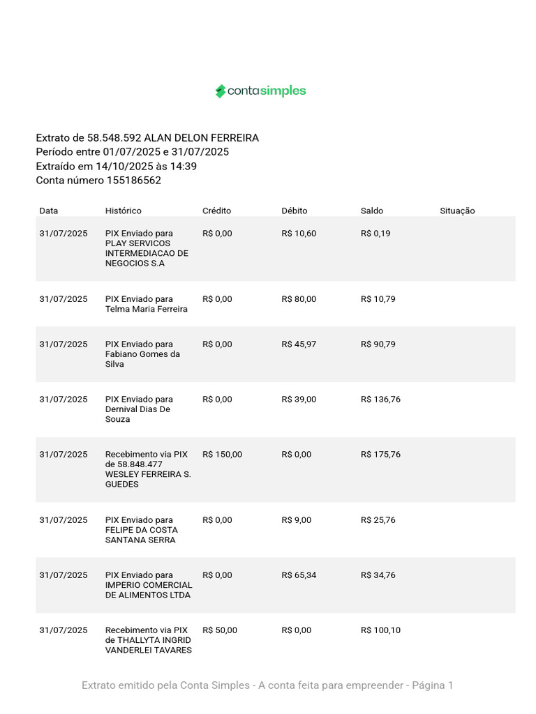 Extrato Mensal de Conta Simples 07/2025 | PDF