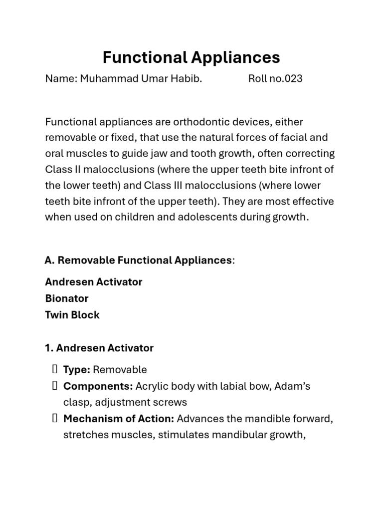 Overview of Functional Orthodontic Appliances | PDF
