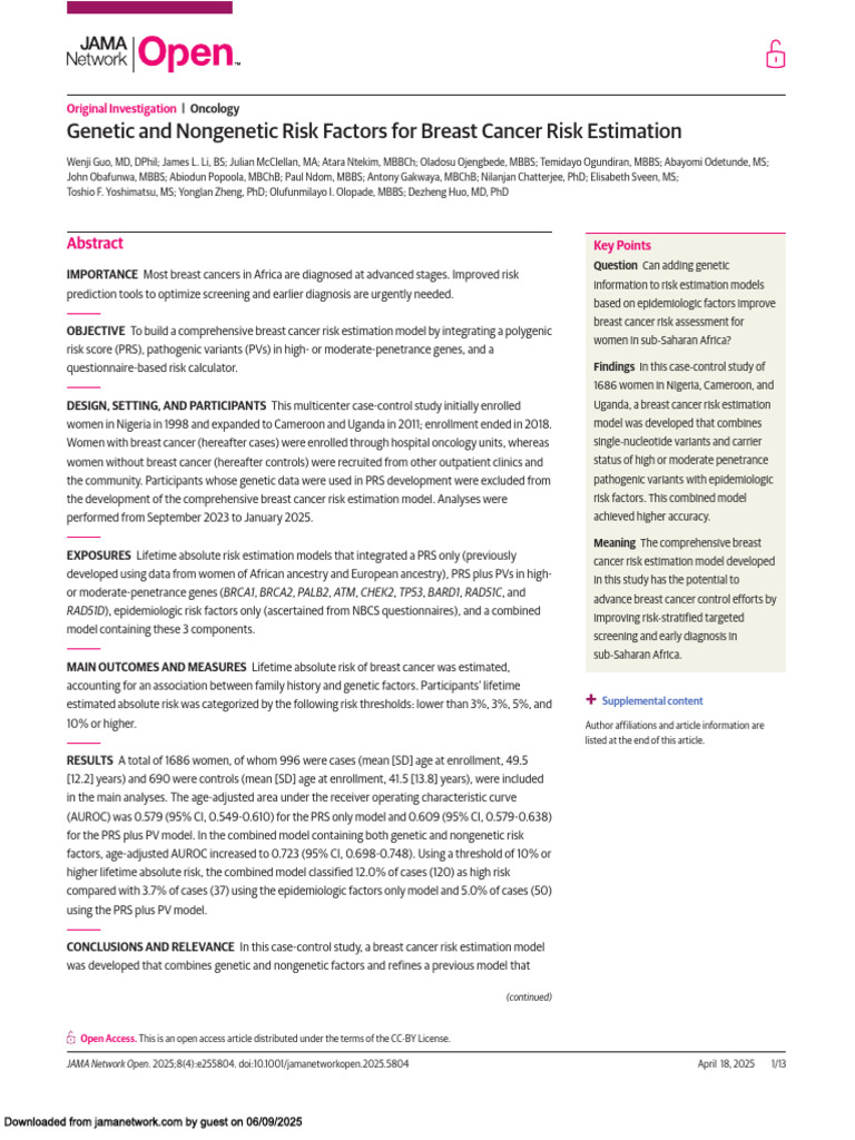 Breast Cancer Risk Estimation Model in Africa | PDF | Breast Cancer ...