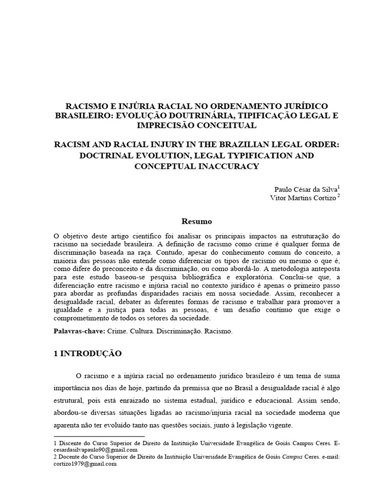 Racismo e Injúria Racial no Brasil | PDF | Discriminação e Relações ...