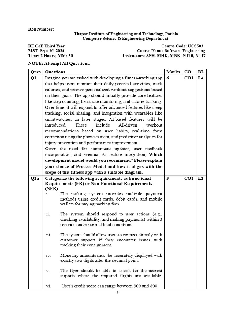 Software Engineering Exam Questions | PDF | Receipt | Computing