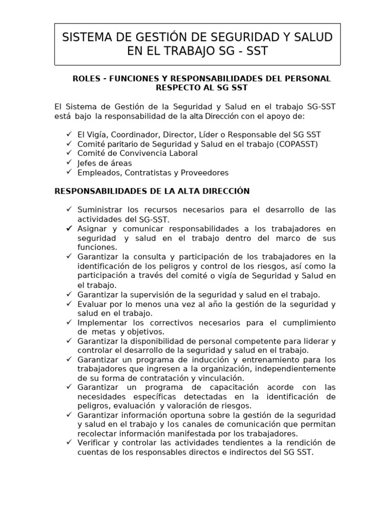 Roles y Responsabilidades en SG-SST | PDF | Seguridad y salud ...