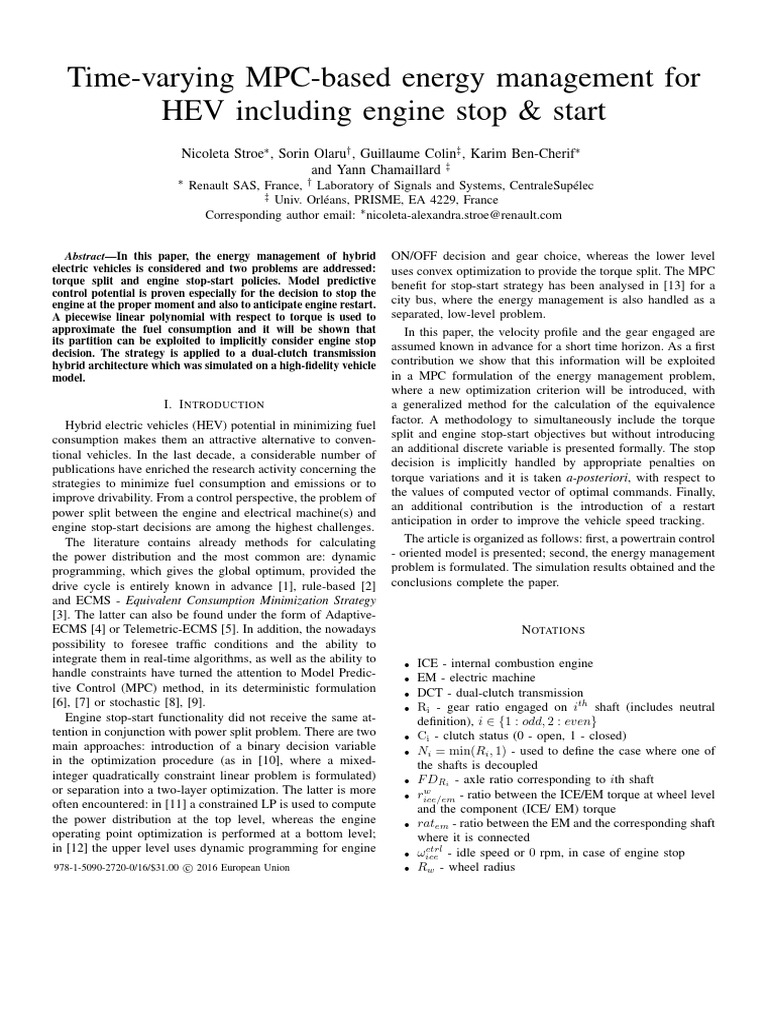 Time-Varying MPC-based Energy Management For HEV Including Engine Stop ...