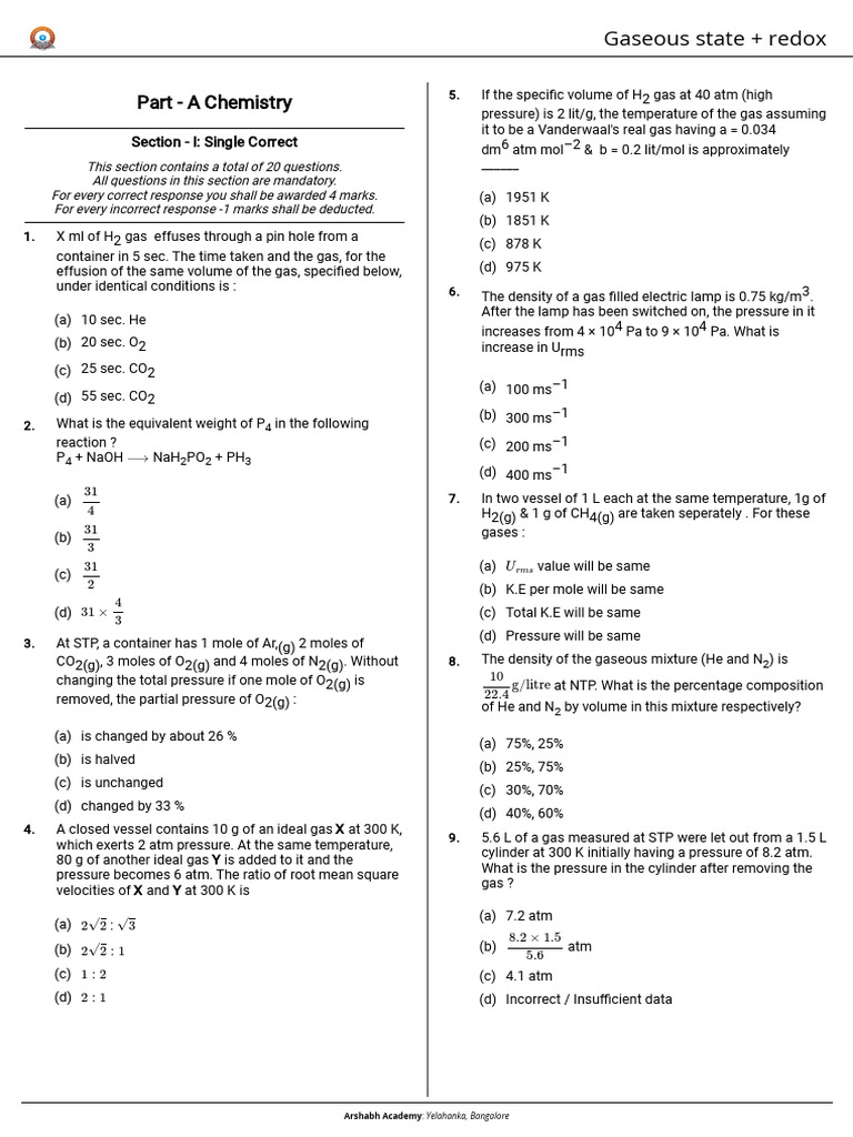 Gaseous State Redox TestPaper 1760119490 | PDF | Gases | Physical Sciences