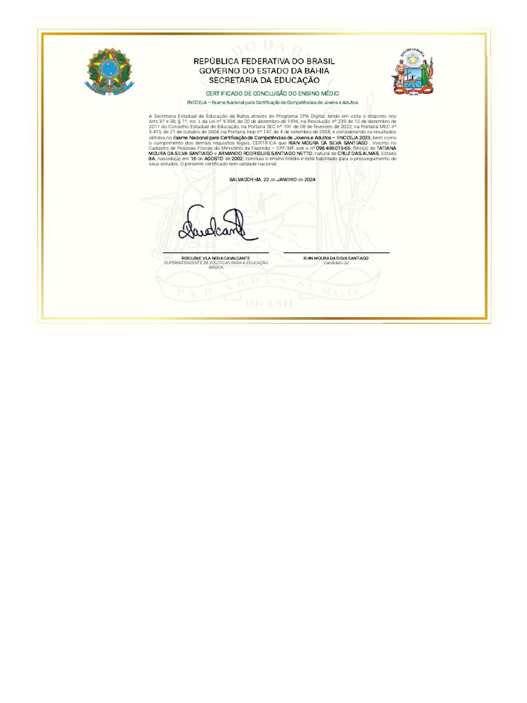 Certificado ENCCEJA Bahia 2023 | PDF