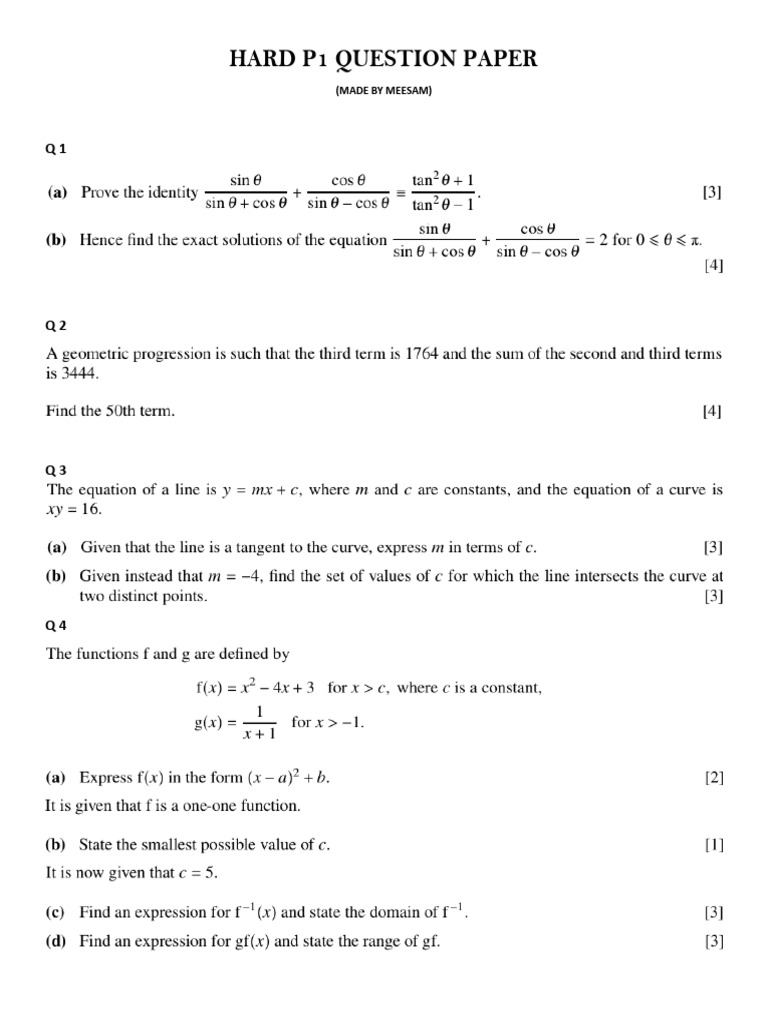 Hard P1 Question Paper and Marking Scheme | PDF