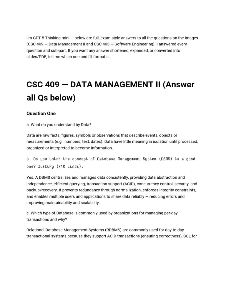 Comprehensive CSC 409 & 403 Exam Answers | PDF | Databases | No Sql