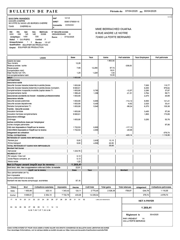 Bulletin de Paie Avril 2025 | PDF | Impôt sur le revenu | Salaires