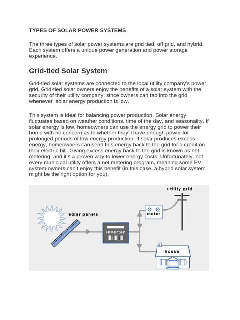 Types of Solar Power Systems Explained | PDF | Solar Power | Off The Grid