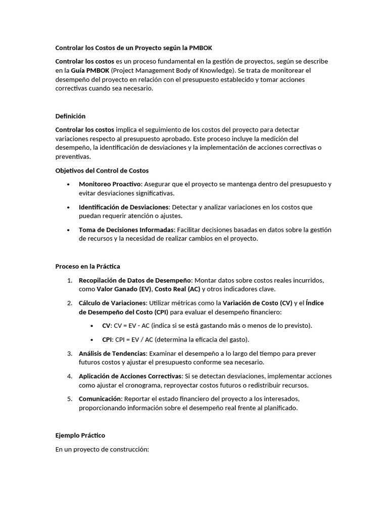 Control de Costos en Proyectos PMBOK | PDF | Presupuesto | Gestión de ...